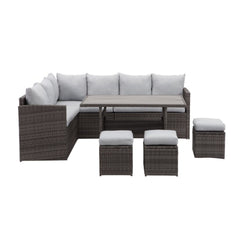 7 Piece  Wicker Patio Dining Set  9-Seat  Outdoor Sectional Gray Cushions Sofa with Ottomans & Dining Table Porch Backyard Garden