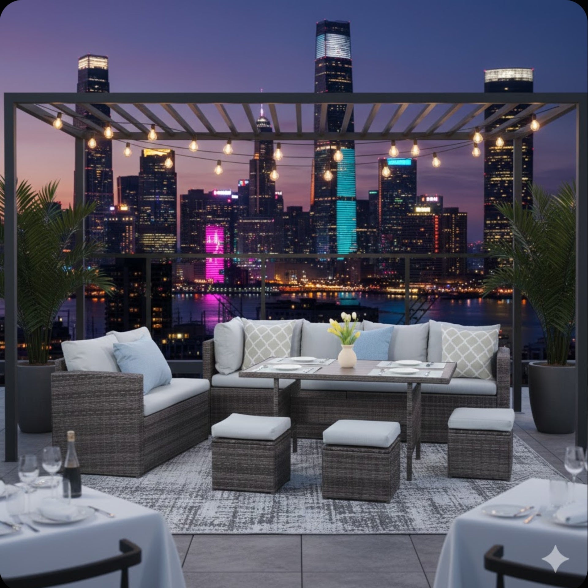 7 Piece  Wicker Patio Dining Set  9-Seat  Outdoor Sectional Gray Cushions Sofa with Ottomans & Dining Table Porch Backyard Garden