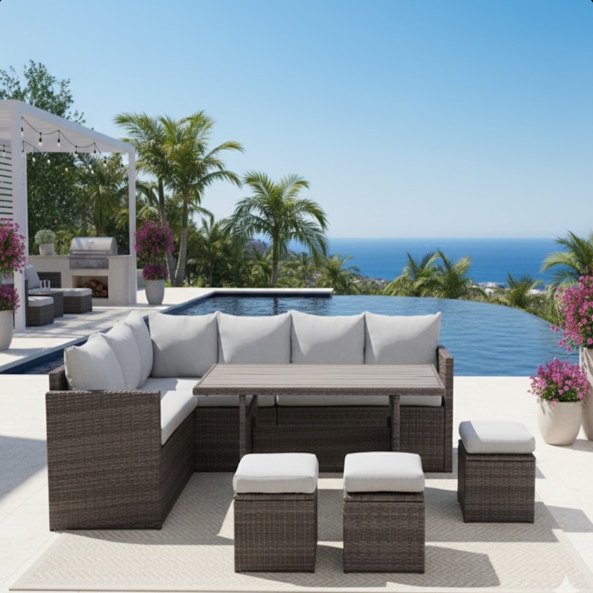 7 Piece  Wicker Patio Dining Set  9-Seat  Outdoor Sectional Gray Cushions Sofa with Ottomans & Dining Table Porch Backyard Garden