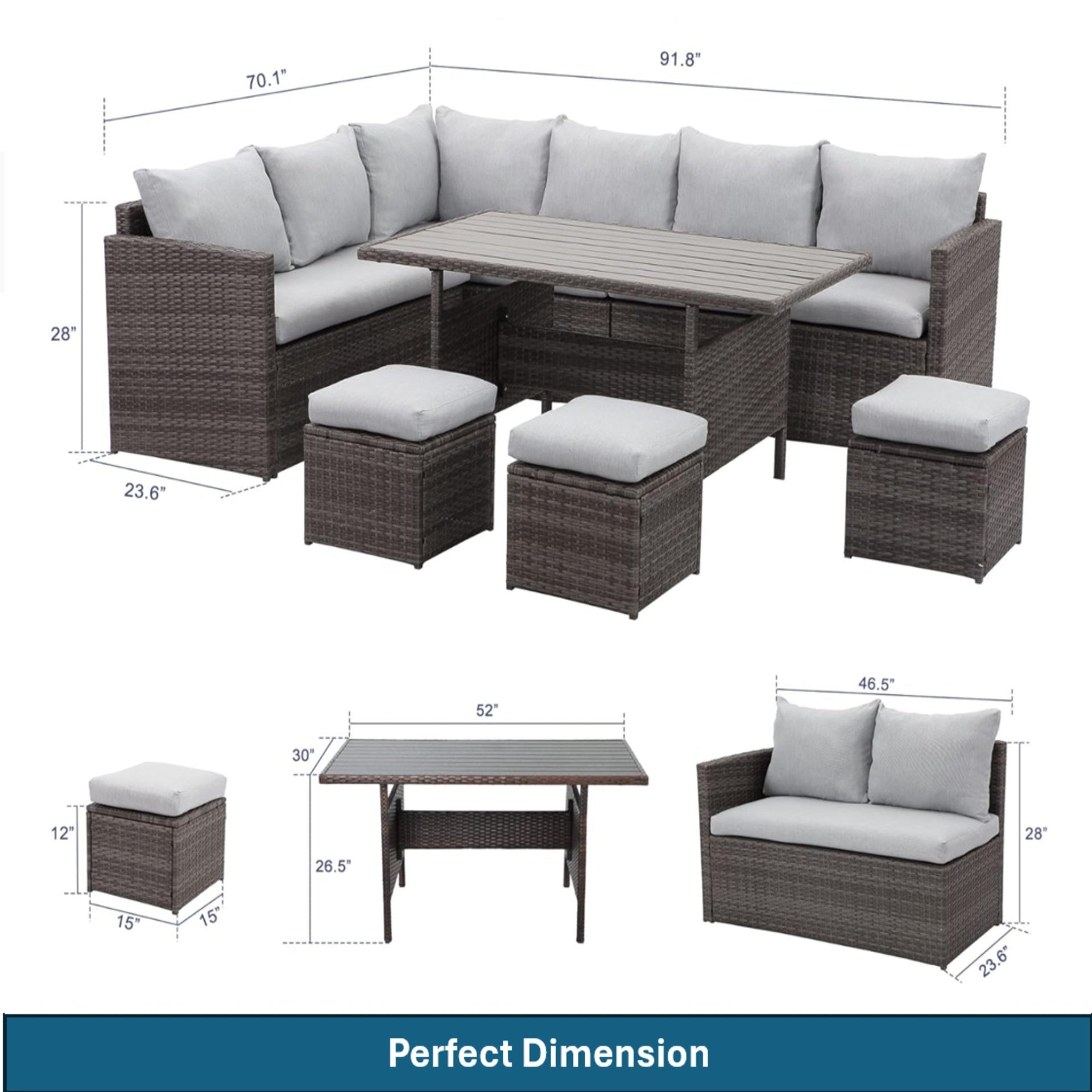 7 Piece  Wicker Patio Dining Set  9-Seat  Outdoor Sectional Gray Cushions Sofa with Ottomans & Dining Table Porch Backyard Garden