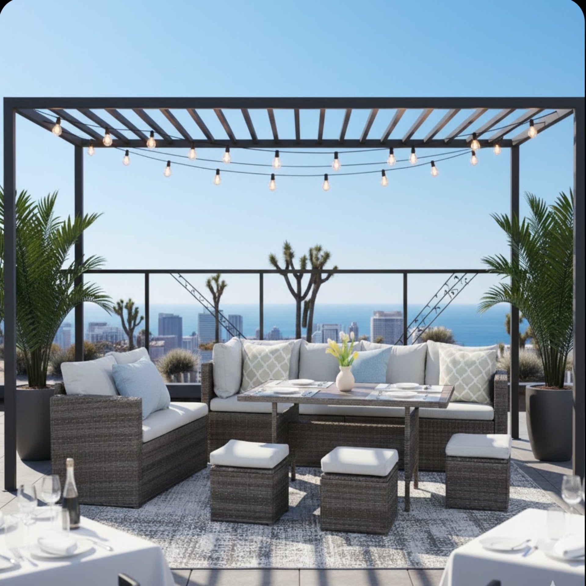 7 Piece  Wicker Patio Dining Set  9-Seat  Outdoor Sectional Gray Cushions Sofa with Ottomans & Dining Table Porch Backyard Garden