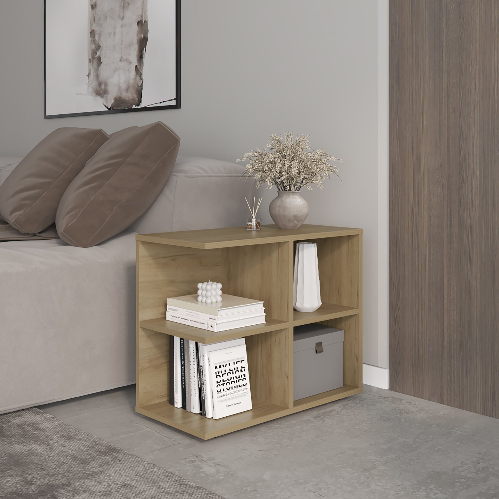 Console Sideboard Cart, Natural Oak, 4 Shelves