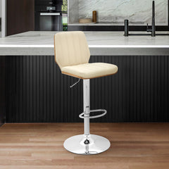 Glinne Adjustable Swivel Cream Faux Leather with Walnut Back and Chrome Bar Stool
