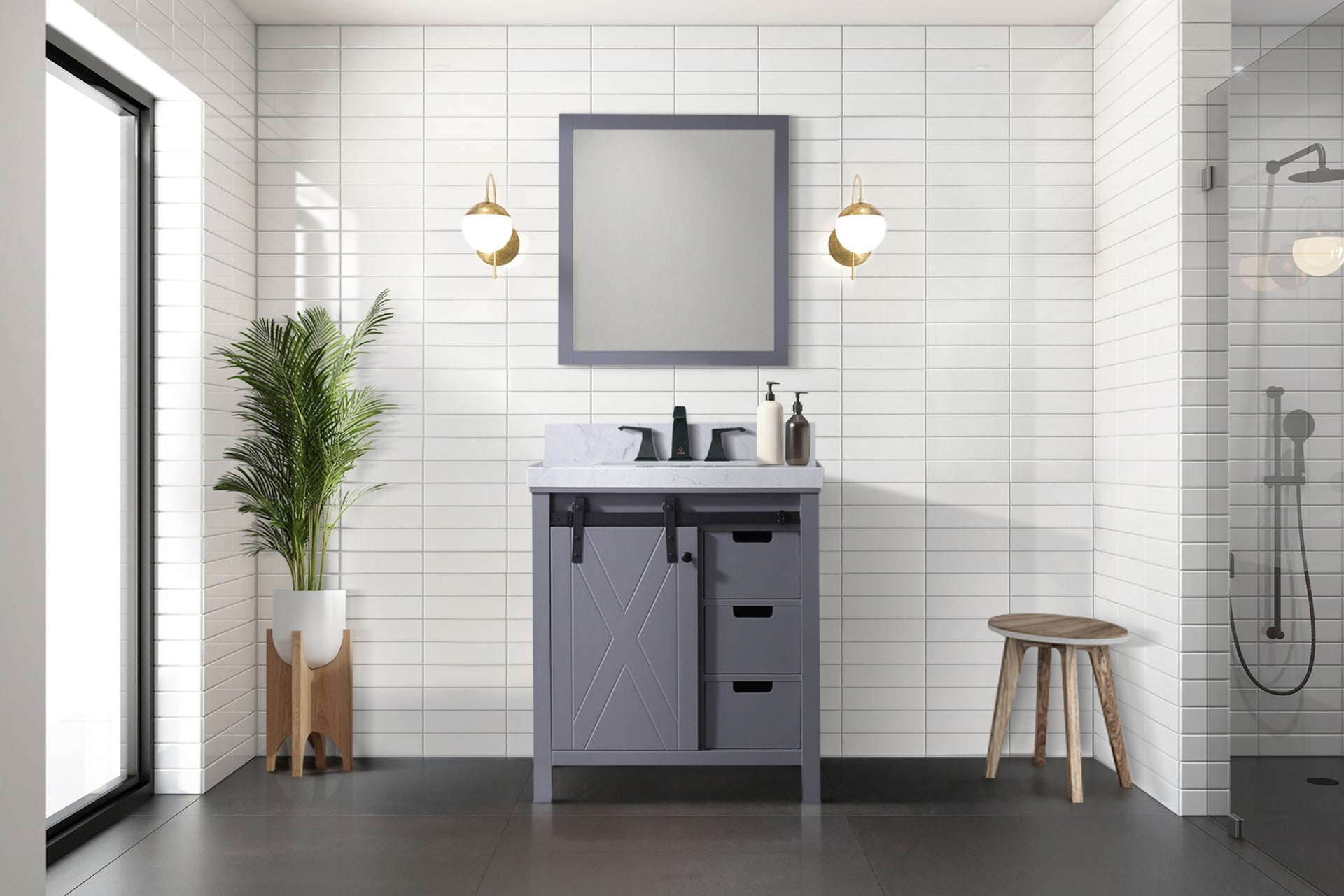 Dark Grey Bath Vanity 30 in. W x 22 in. D, Carrara Marble Countertop and 28 in. Mirror
