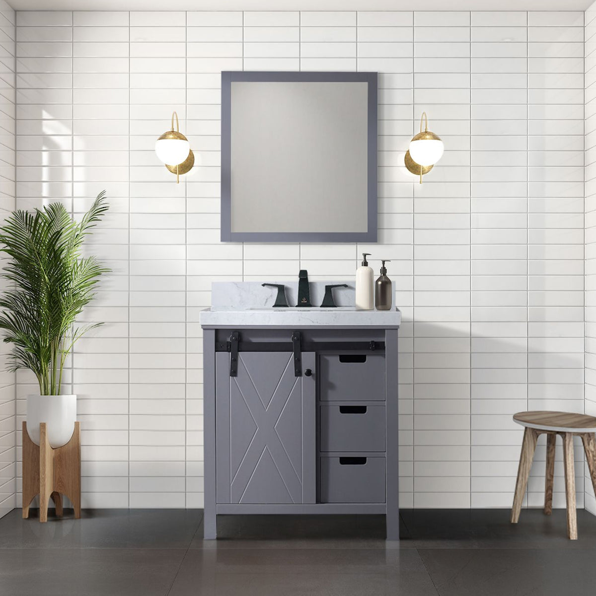 Dark Grey Bath Vanity 30 in. W x 22 in. D, Carrara Marble Countertop and 28 in. Mirror