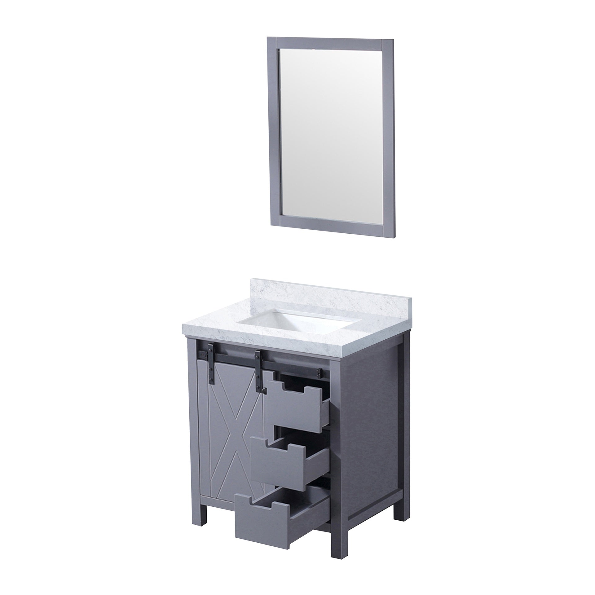 Dark Grey Bath Vanity 30 in. W x 22 in. D, Carrara Marble Countertop and 28 in. Mirror