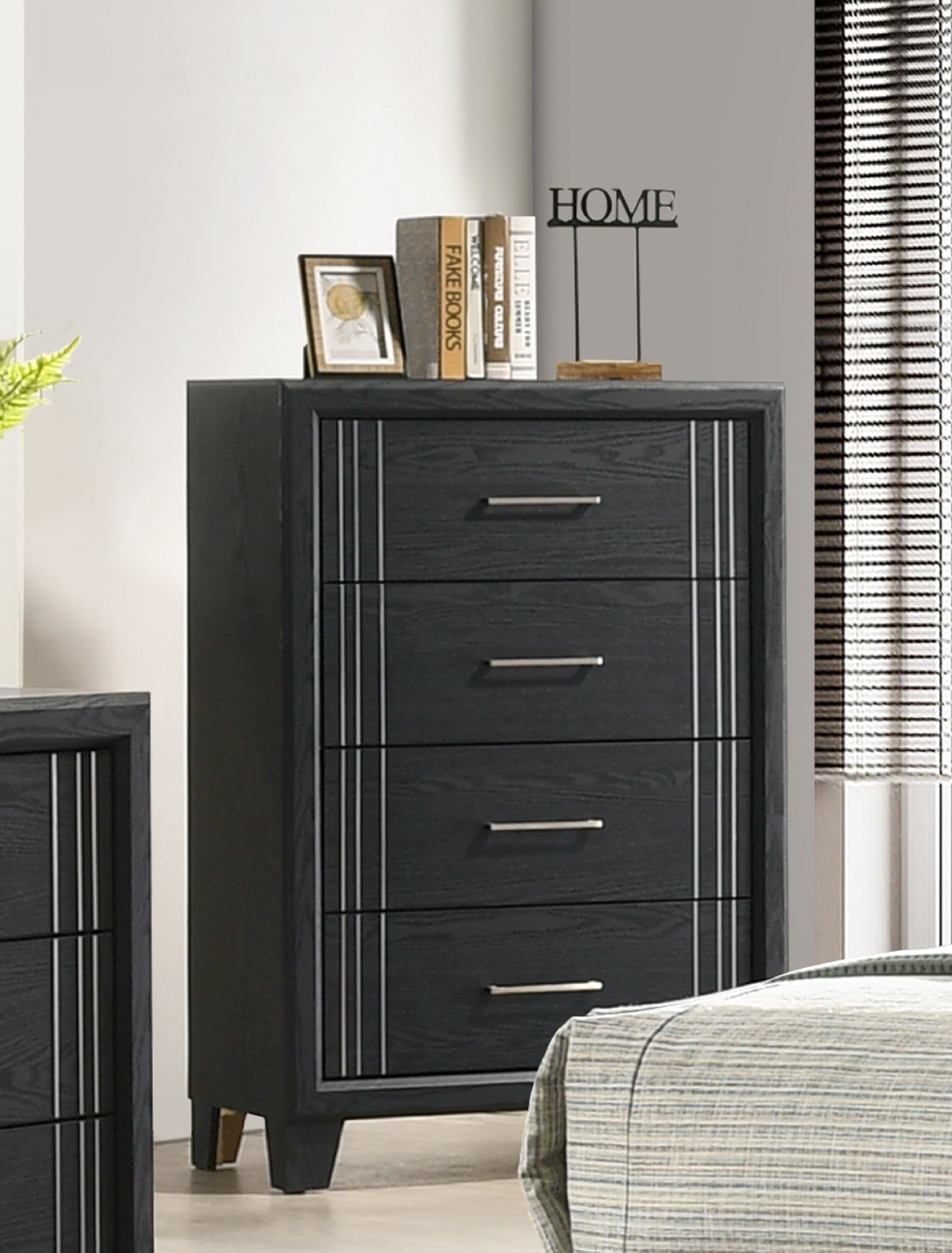 1pc Contemporary Four-Drawers Chest Bed Side Cabinet Wooden Furniture Charcoal Color