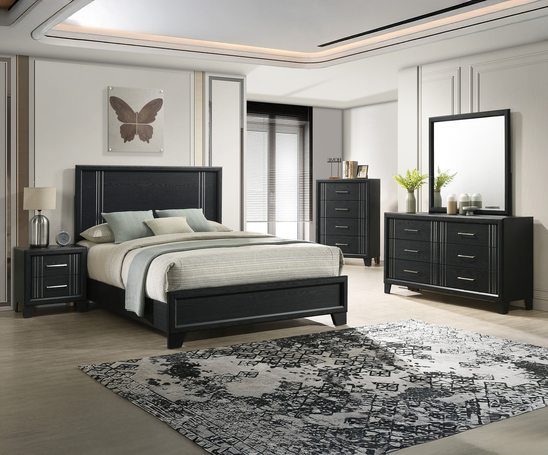 1pc Contemporary Four-Drawers Chest Bed Side Cabinet Wooden Furniture Charcoal Color