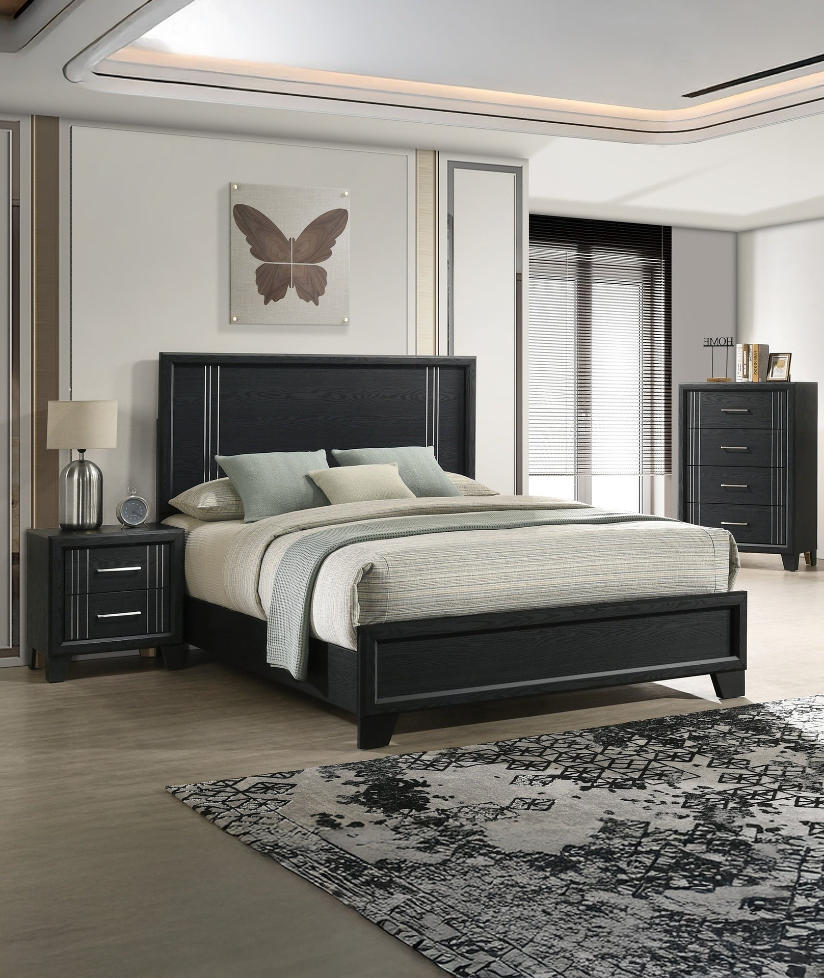 1pc Contemporary Four-Drawers Chest Bed Side Cabinet Wooden Furniture Charcoal Color