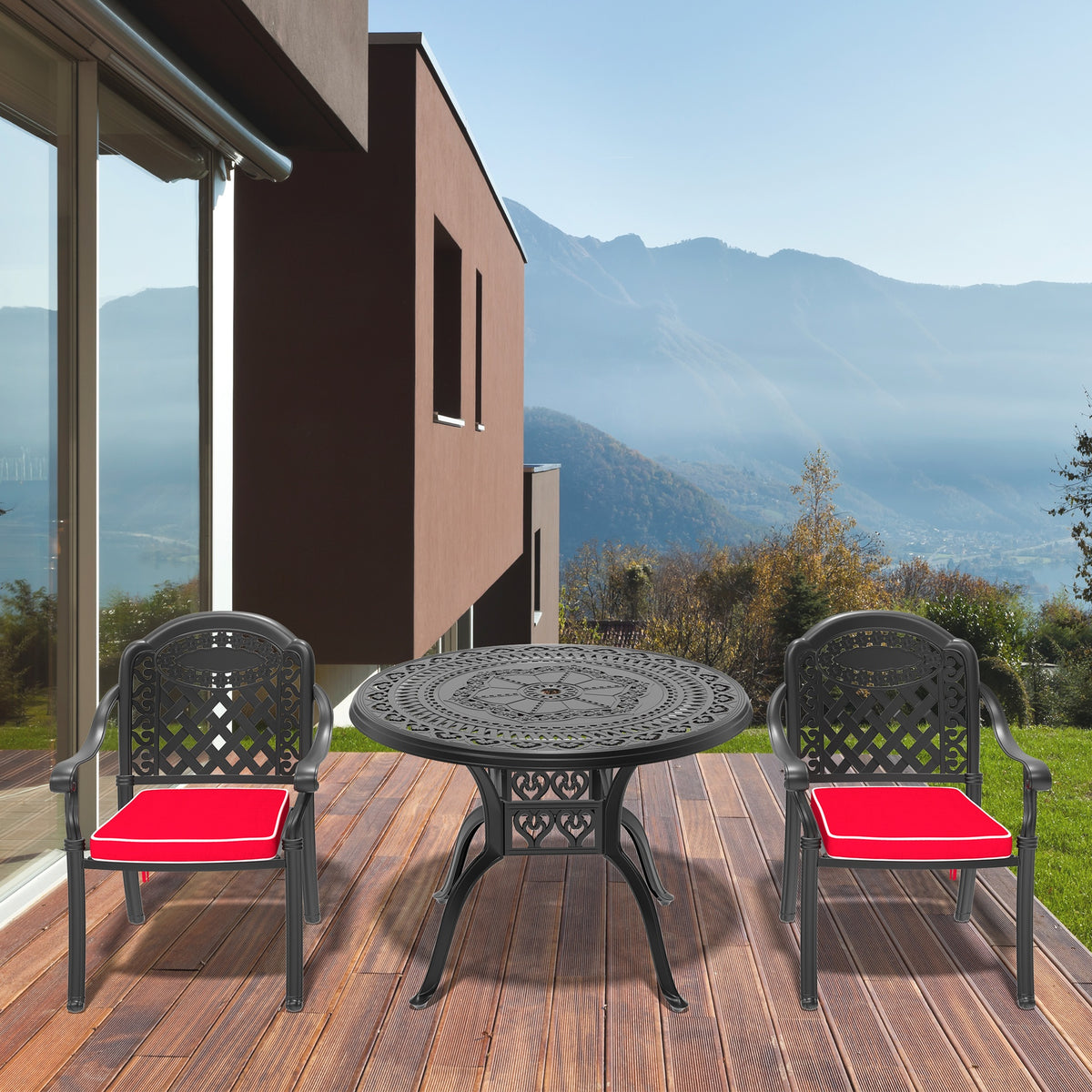 3-Piece Set Of Cast Aluminum Patio Furniture With Red Cushions