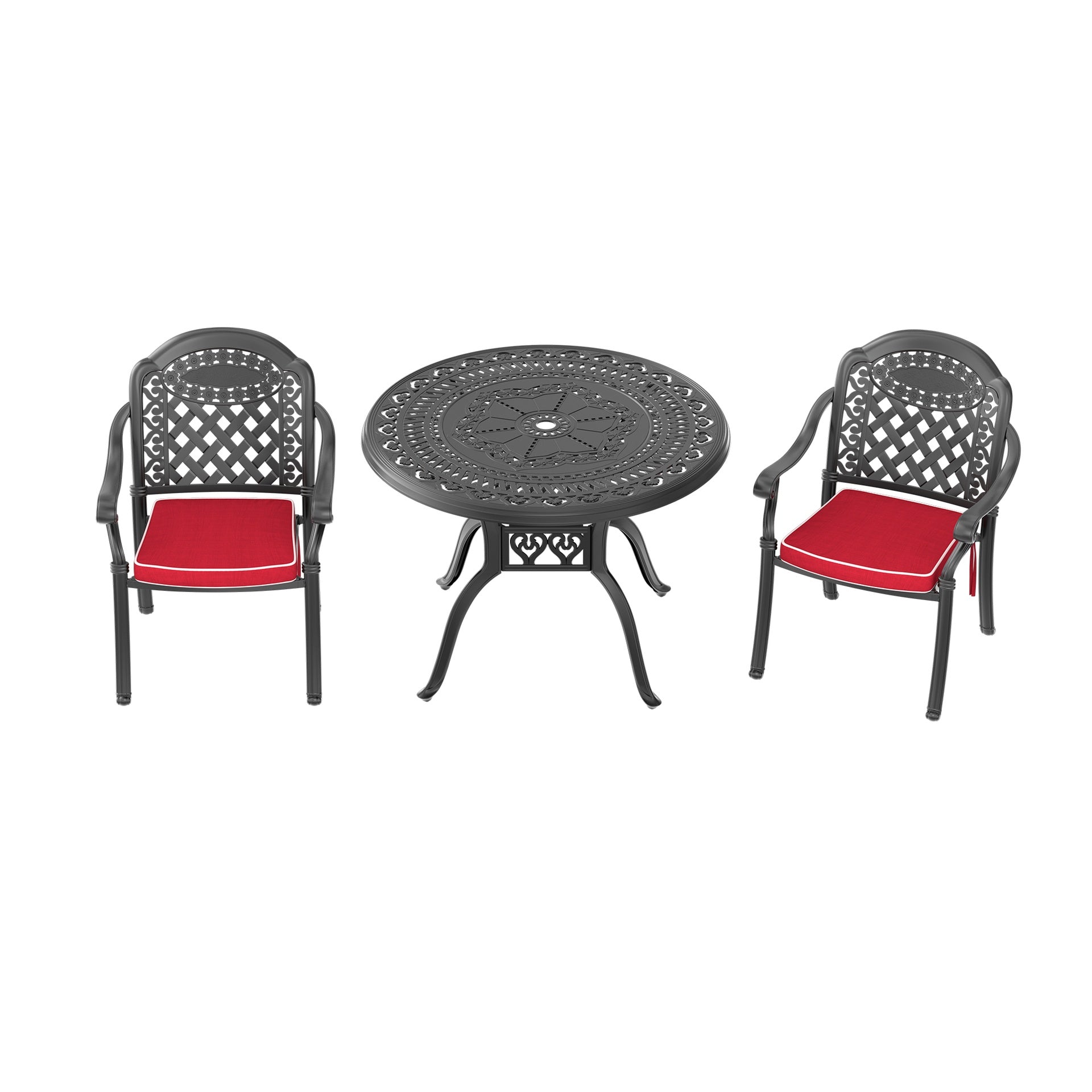 3-Piece Set Of Cast Aluminum Patio Furniture With Red Cushions