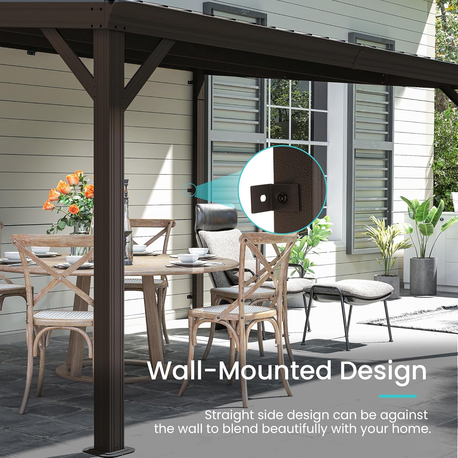 10x14FT Lean to Gazebo, Outdoor Hardtop Wall Mounted Gazebo with Sloping Galvanized Steel Roof, Upgraded Heavy Duty Mounted Shelter with Drainage System for Deck, Porch, Backyard, Brown
