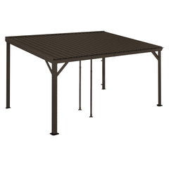 10x14FT Lean to Gazebo, Outdoor Hardtop Wall Mounted Gazebo with Sloping Galvanized Steel Roof, Upgraded Heavy Duty Mounted Shelter with Drainage System for Deck, Porch, Backyard, Brown