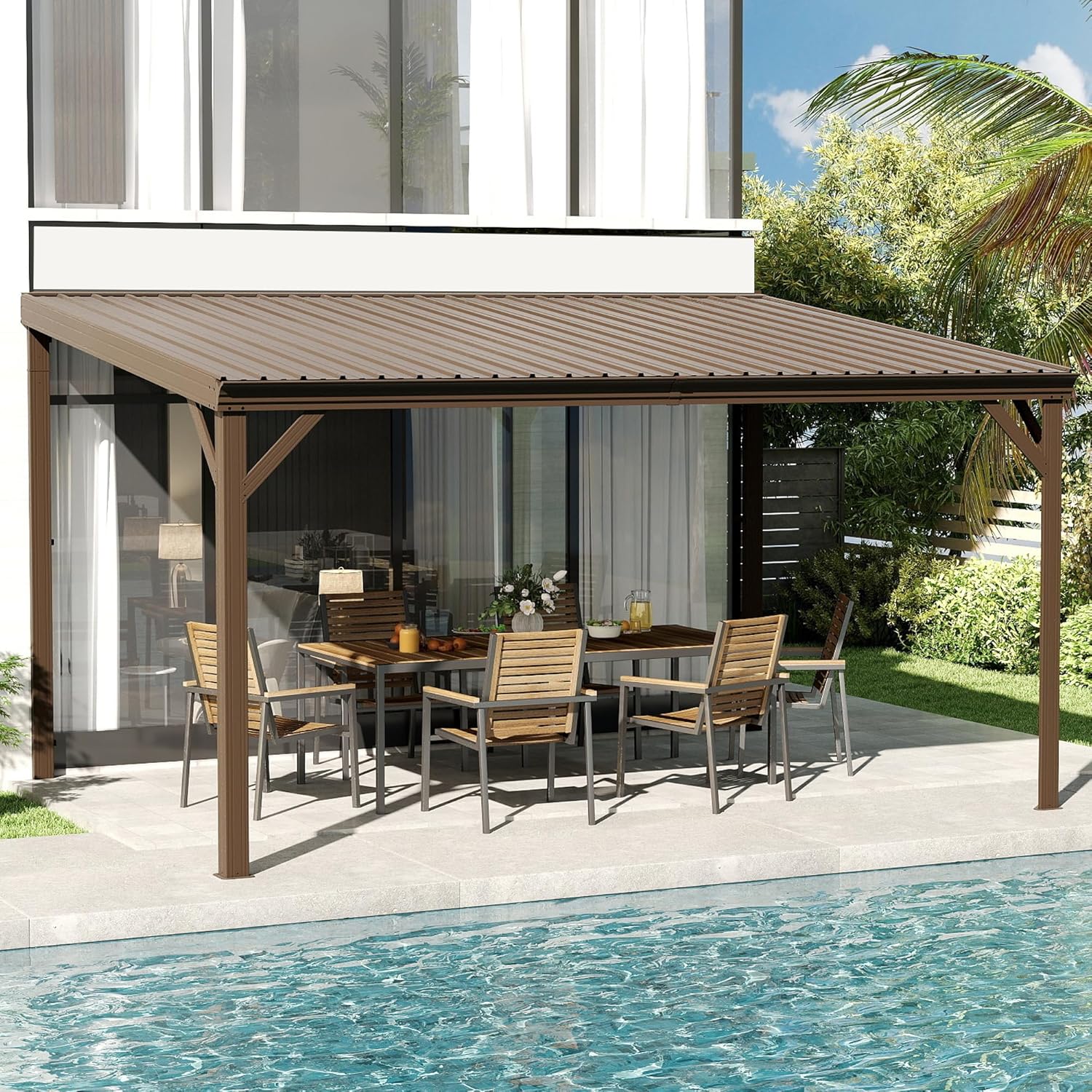 10x14FT Lean to Gazebo, Outdoor Hardtop Wall Mounted Gazebo with Sloping Galvanized Steel Roof, Upgraded Heavy Duty Mounted Shelter with Drainage System for Deck, Porch, Backyard, Brown