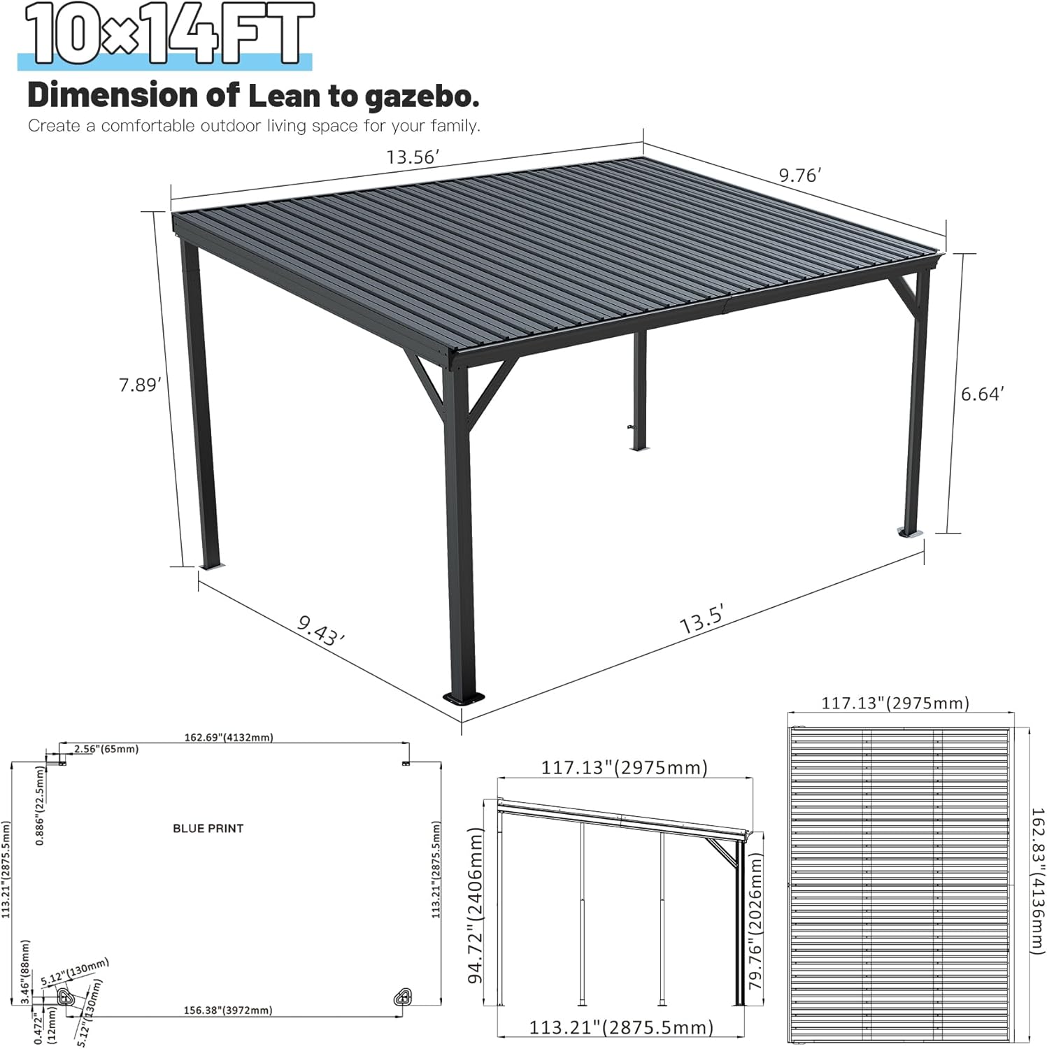 10x14FT Lean to Gazebo, Outdoor Hardtop Wall Mounted Gazebo with Sloping Galvanized Steel Roof, Upgraded Heavy Duty Mounted Shelter with Drainage System for Deck, Porch, Backyard, Brown