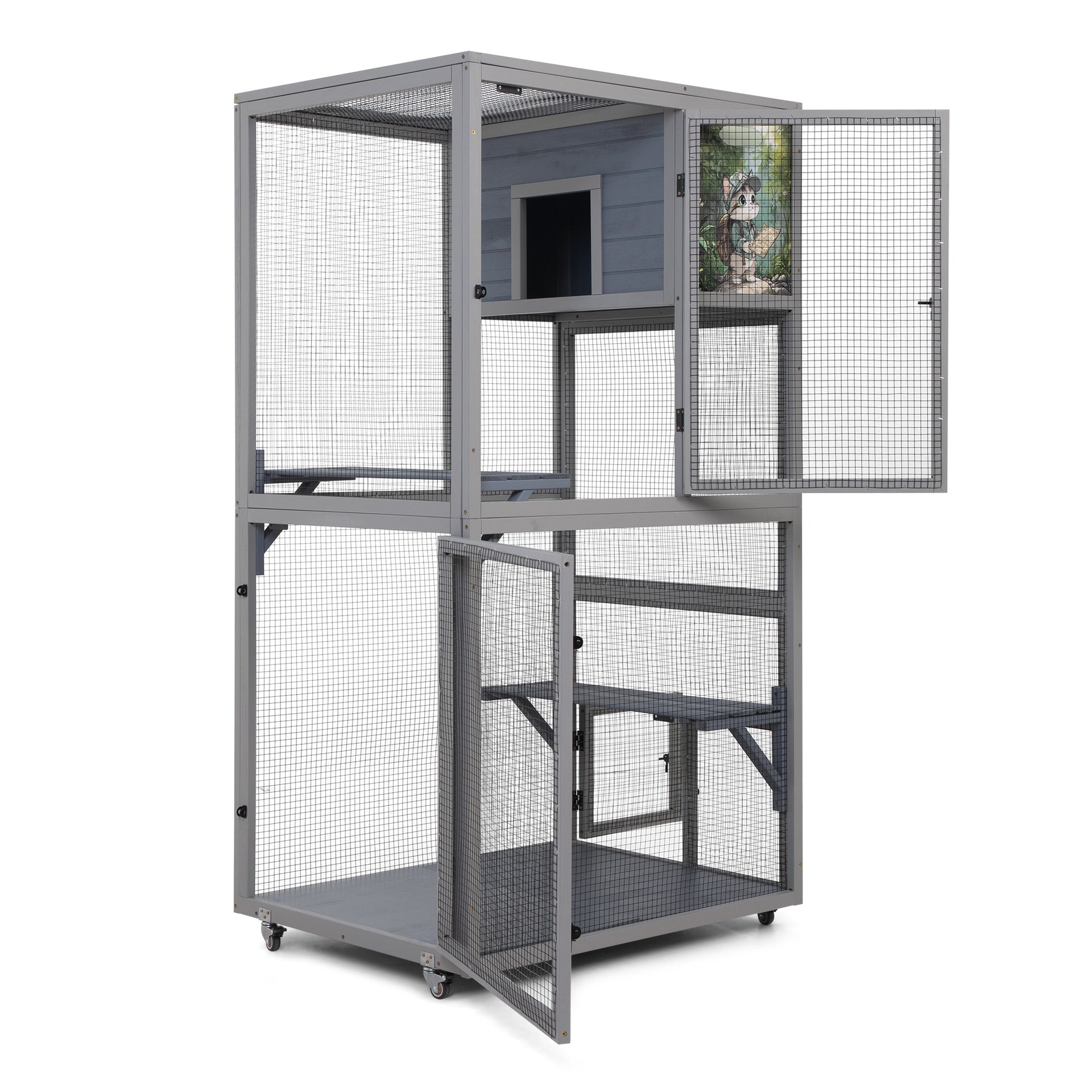 Cat House Catio Outdoor Enclosure with Platforms, 66'' cat condos on Wheels for Outdoor Patio, Dark Gray