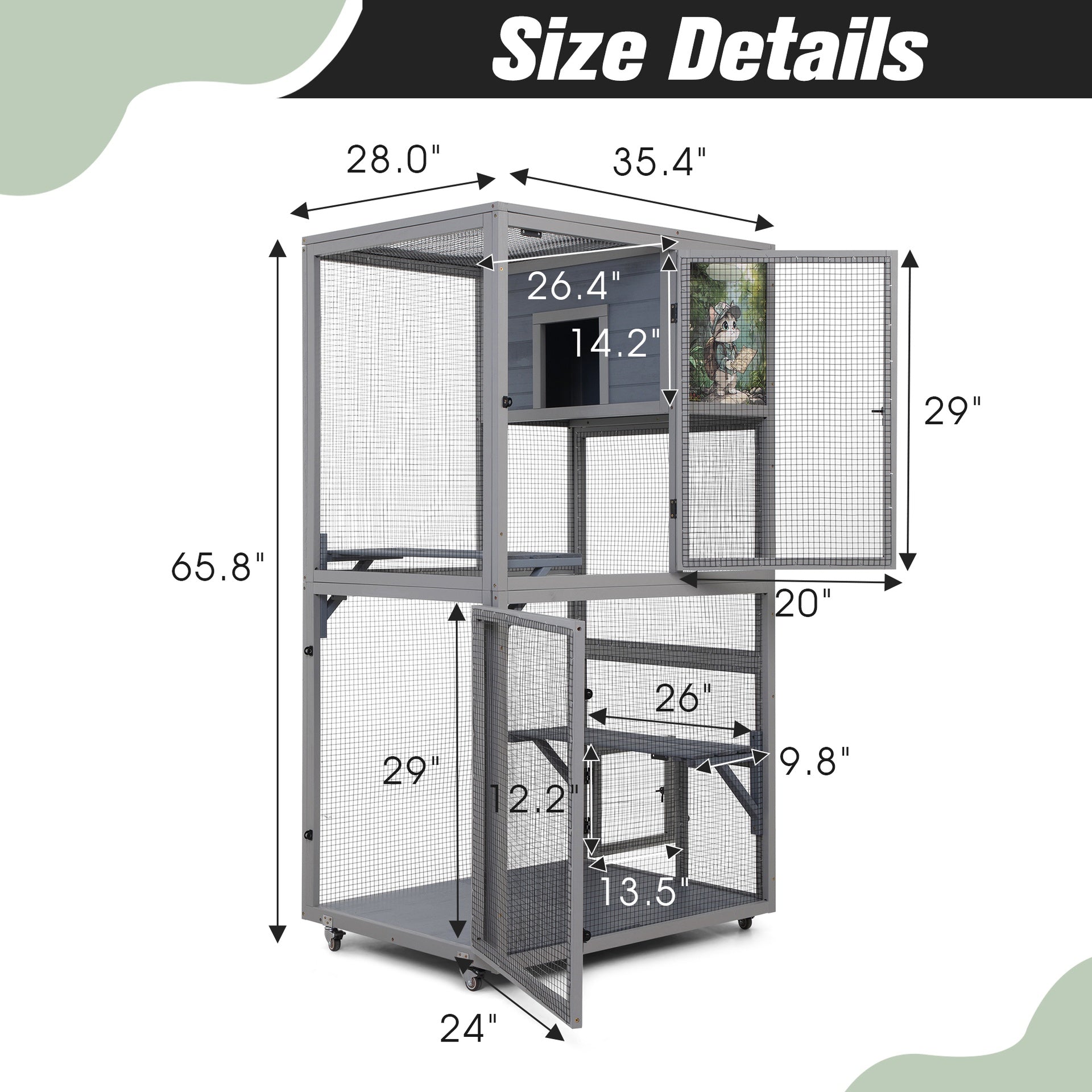 Cat House Catio Outdoor Enclosure with Platforms, 66'' cat condos on Wheels for Outdoor Patio, Dark Gray