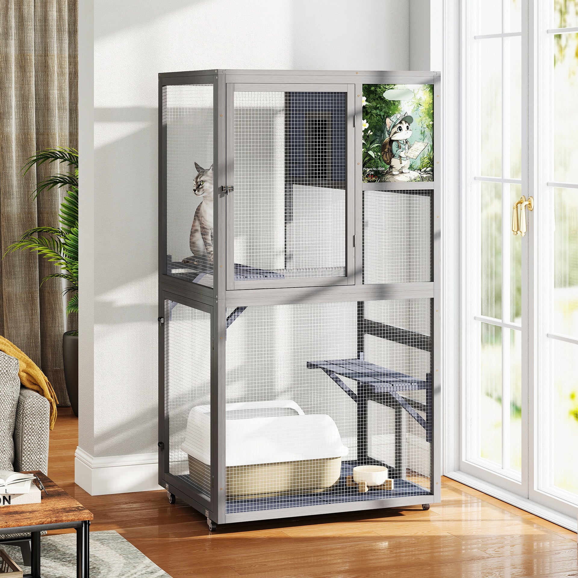 Cat House Catio Outdoor Enclosure with Platforms, 66'' cat condos on Wheels for Outdoor Patio, Dark Gray