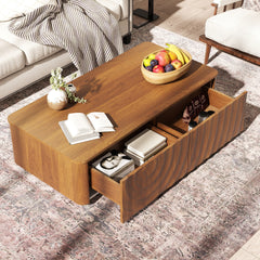47'' Rectangle Coffee Table With Storage Mid Century Farmhouse Square Spiral Grain Coffee Tables Walnut For Living Room Coffee Table With 2 Drawers (Brown)