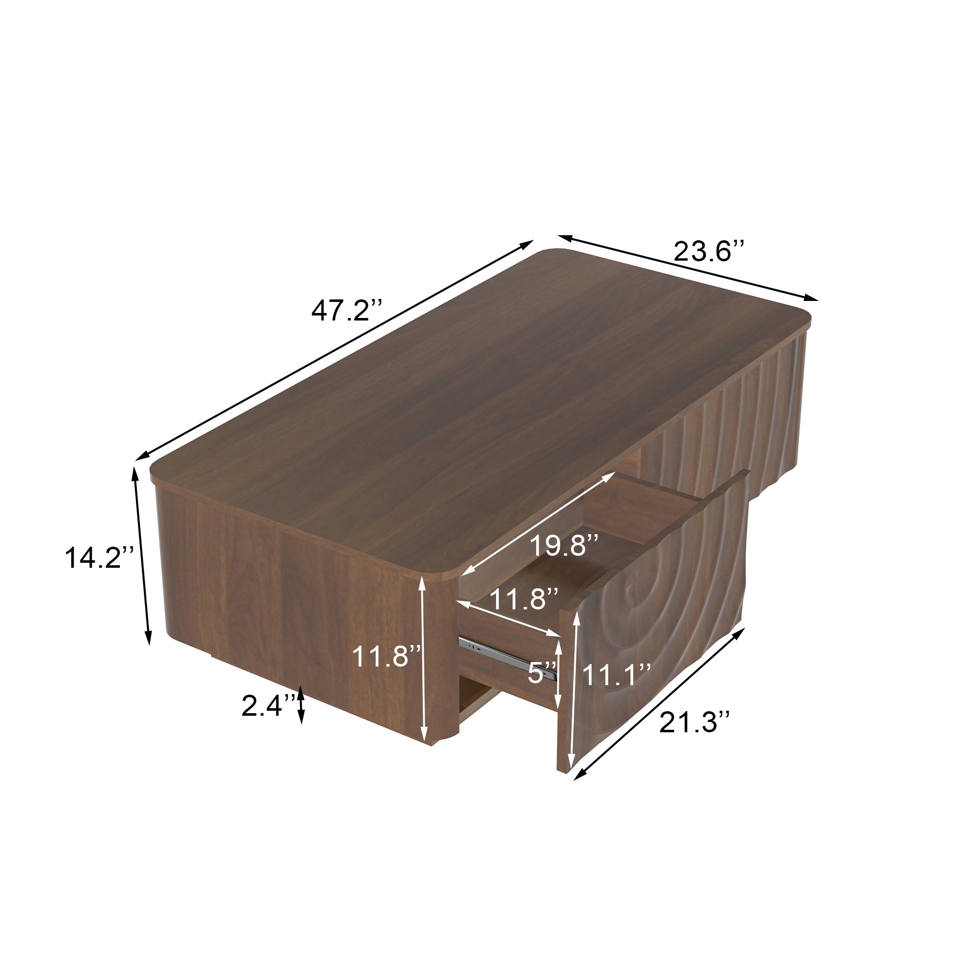 47'' Rectangle Coffee Table With Storage Mid Century Farmhouse Square Spiral Grain Coffee Tables Walnut For Living Room Coffee Table With 2 Drawers (Brown)