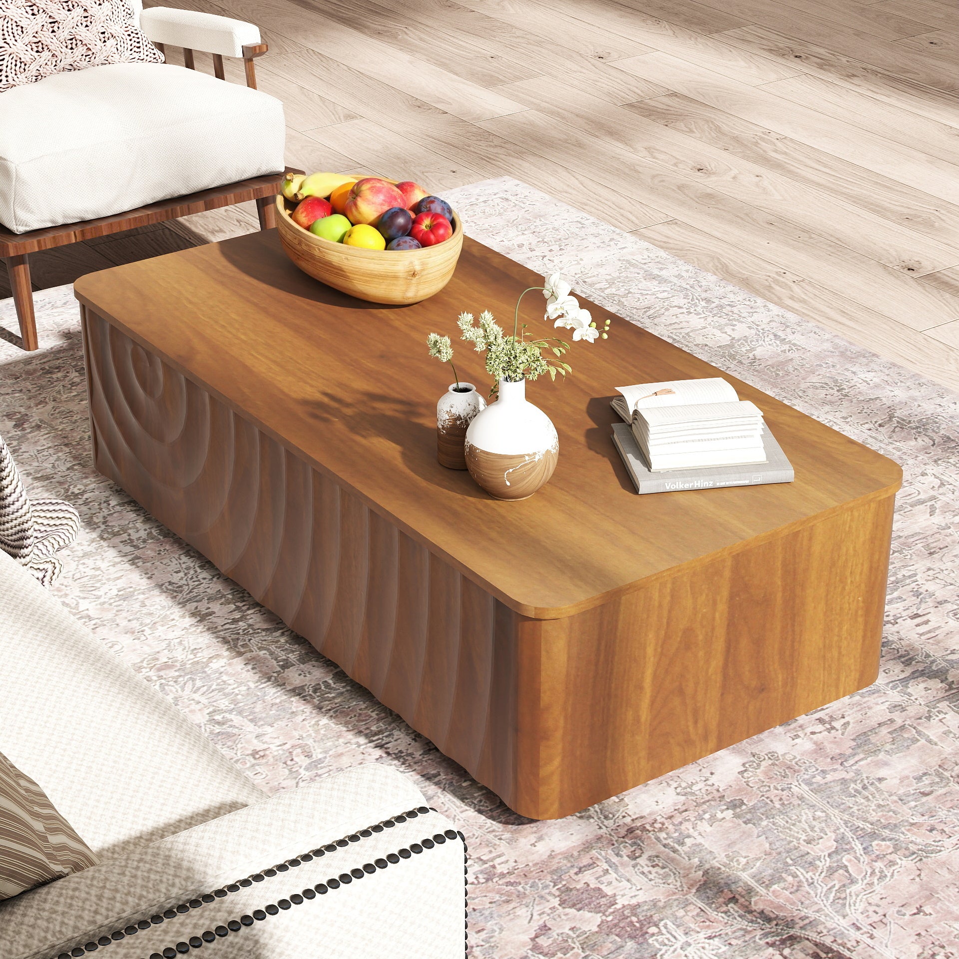 47'' Rectangle Coffee Table With Storage Mid Century Farmhouse Square Spiral Grain Coffee Tables Walnut For Living Room Coffee Table With 2 Drawers (Brown)