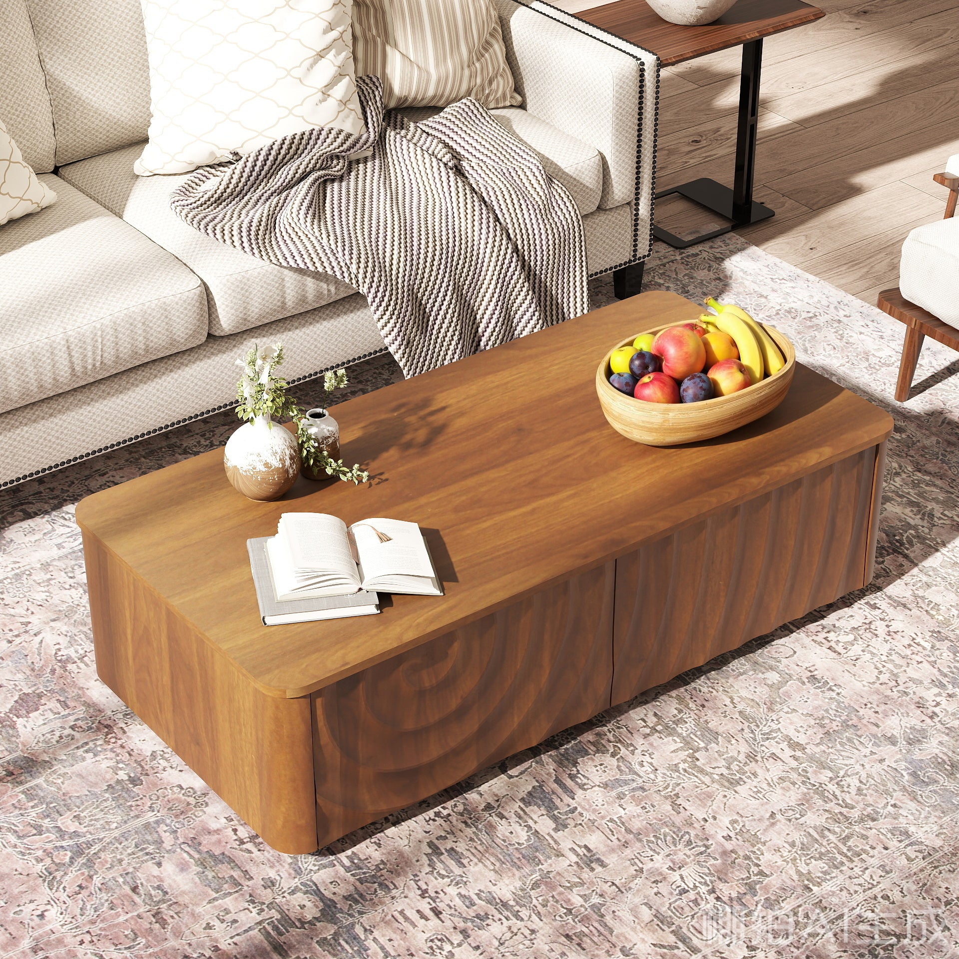 47'' Rectangle Coffee Table With Storage Mid Century Farmhouse Square Spiral Grain Coffee Tables Walnut For Living Room Coffee Table With 2 Drawers (Brown)