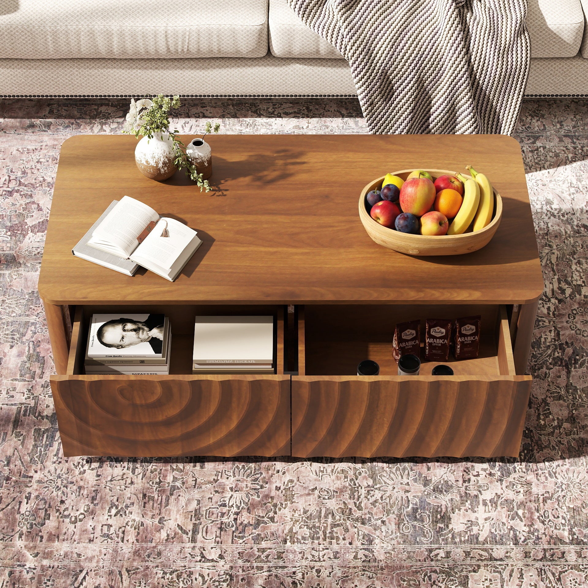 47'' Rectangle Coffee Table With Storage Mid Century Farmhouse Square Spiral Grain Coffee Tables Walnut For Living Room Coffee Table With 2 Drawers (Brown)