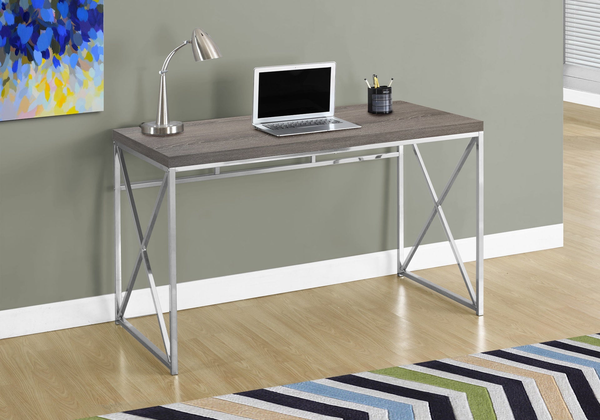 Computer Desk, Home Office, Laptop, Work, Brown Laminate, Chrome Metal, Contemporary, Modern