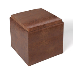 Rockwood 17 inch Wide Cube Storage Ottoman with Tray in Distressed Saddle Brown Vegan Leather