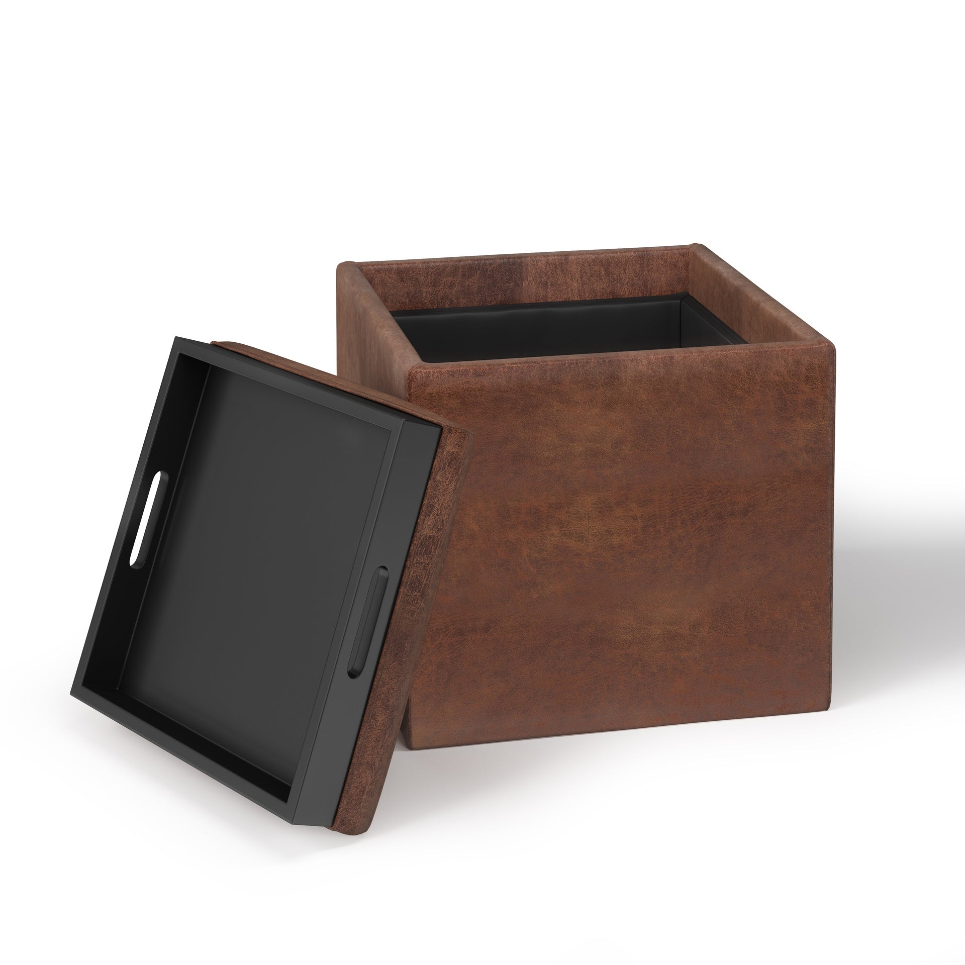 Rockwood 17 inch Wide Cube Storage Ottoman with Tray in Distressed Saddle Brown Vegan Leather