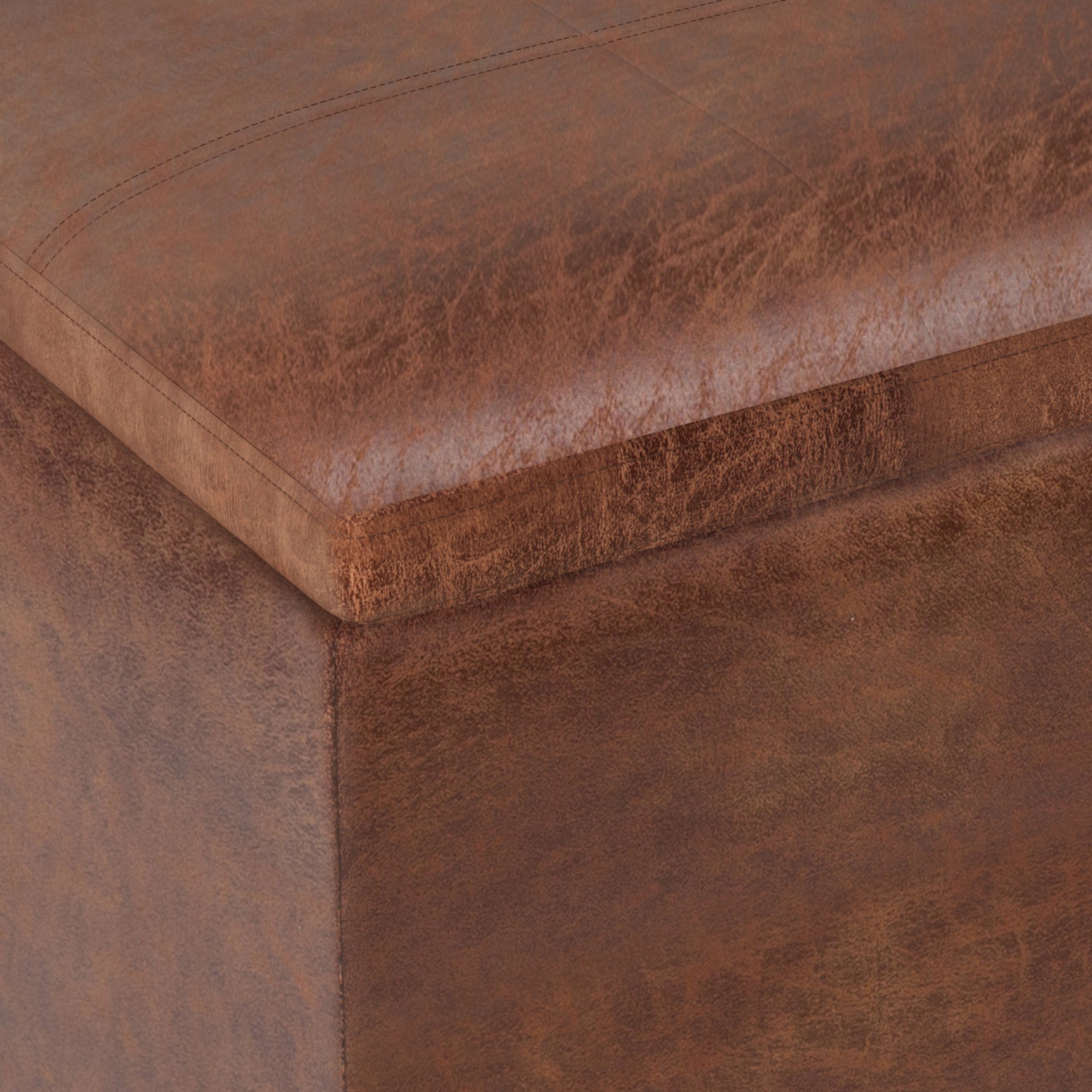 Rockwood 17 inch Wide Cube Storage Ottoman with Tray in Distressed Saddle Brown Vegan Leather