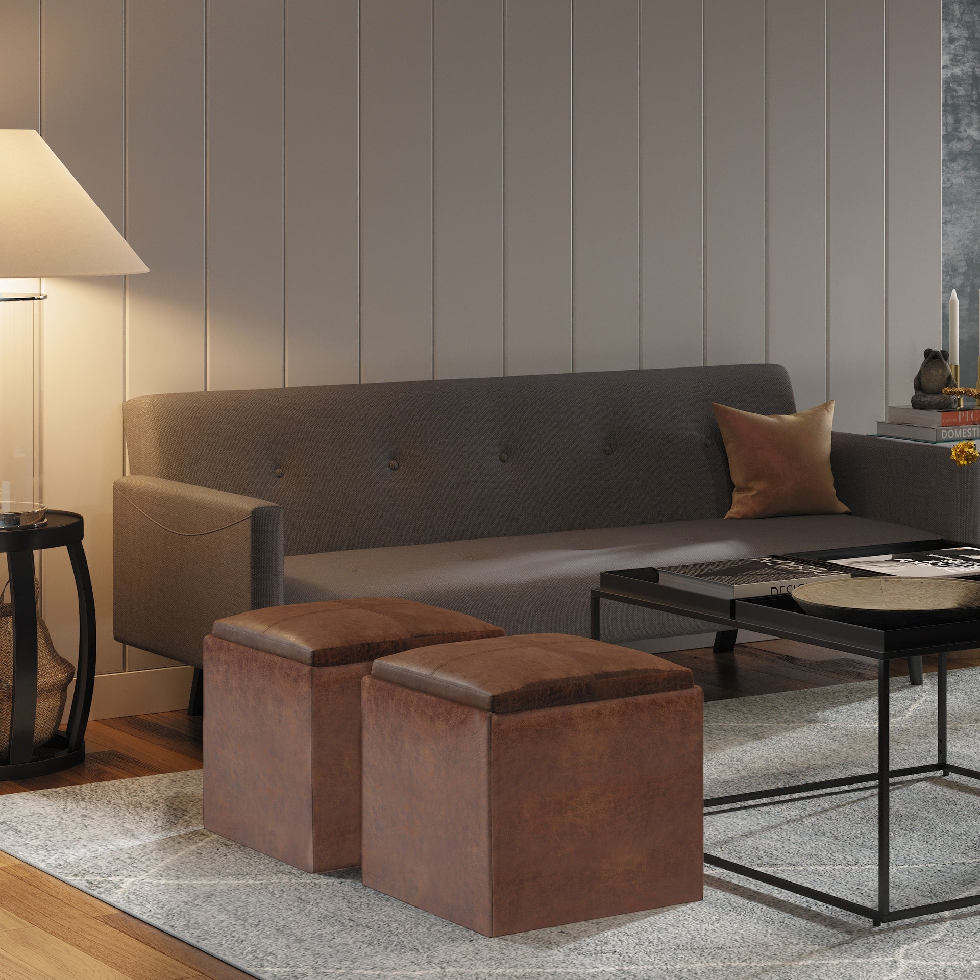 Rockwood 17 inch Wide Cube Storage Ottoman with Tray in Distressed Saddle Brown Vegan Leather
