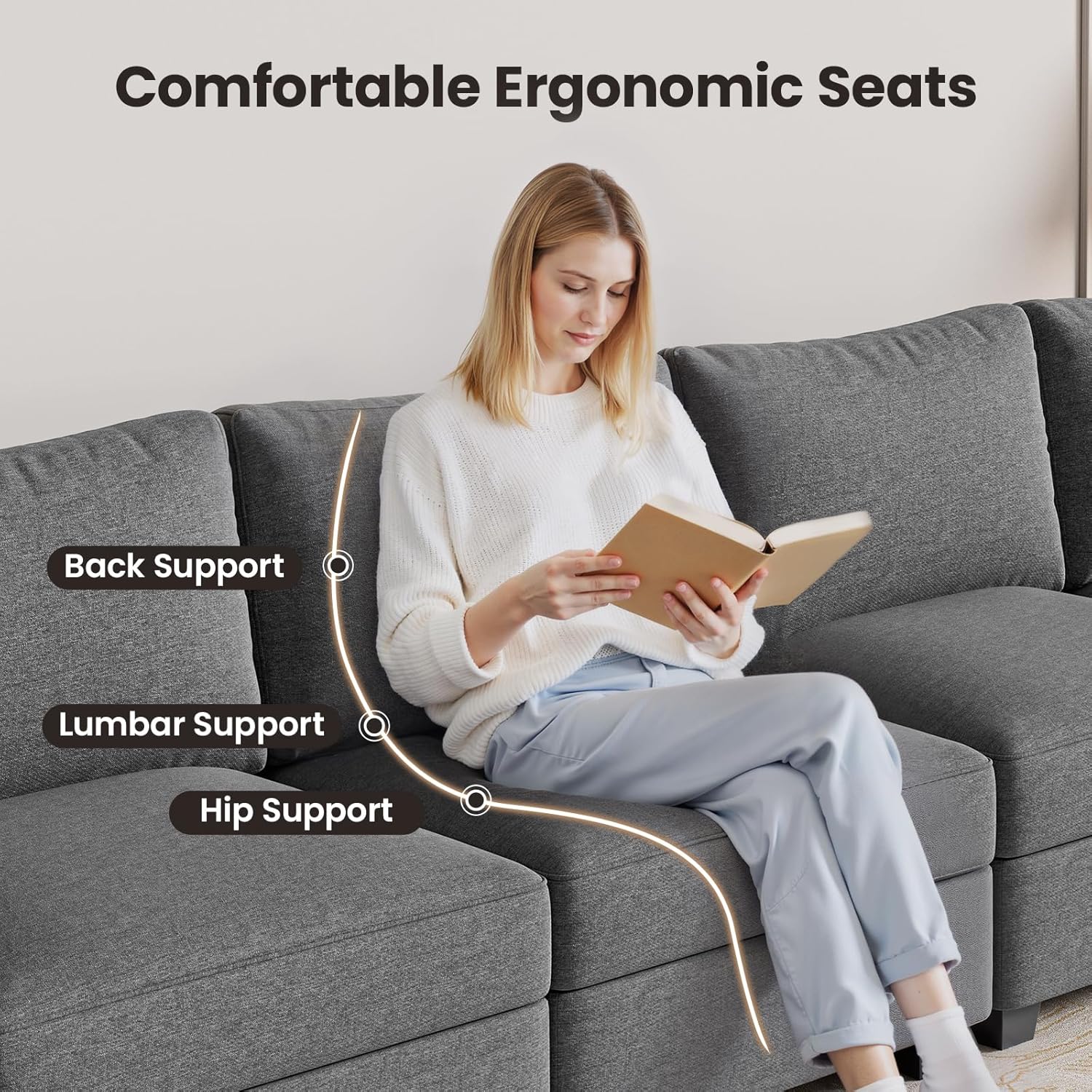 Modular 3-Seater Sectional Sofa, Convertible L Shaped Sofa Couch with Chaise and Storage, Comfy Modular Sofa Couch for Bedroom, Living Room, Office, Modern L Shaped Sectional Sofa