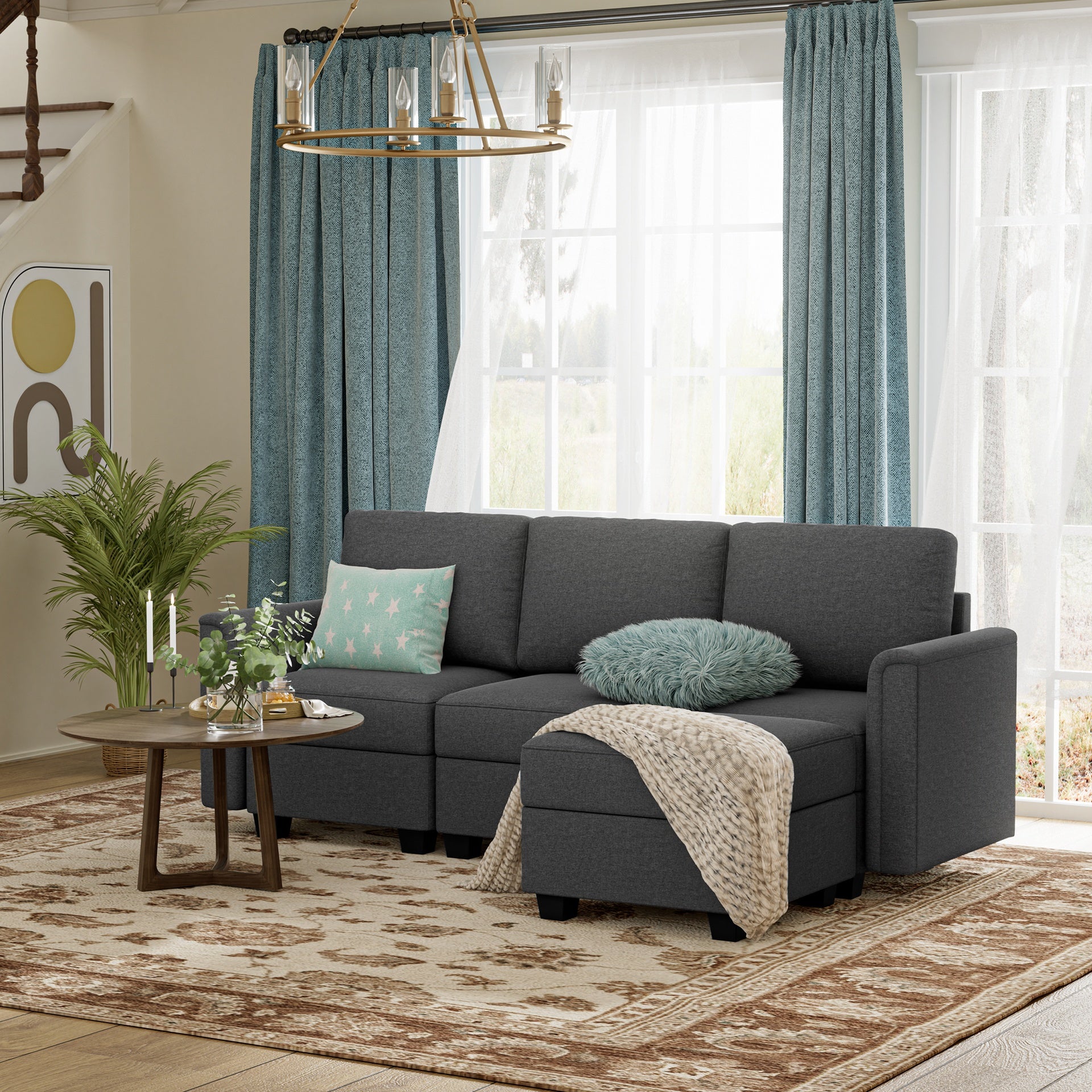 Modular 3-Seater Sectional Sofa, Convertible L Shaped Sofa Couch with Chaise and Storage, Comfy Modular Sofa Couch for Bedroom, Living Room, Office, Modern L Shaped Sectional Sofa