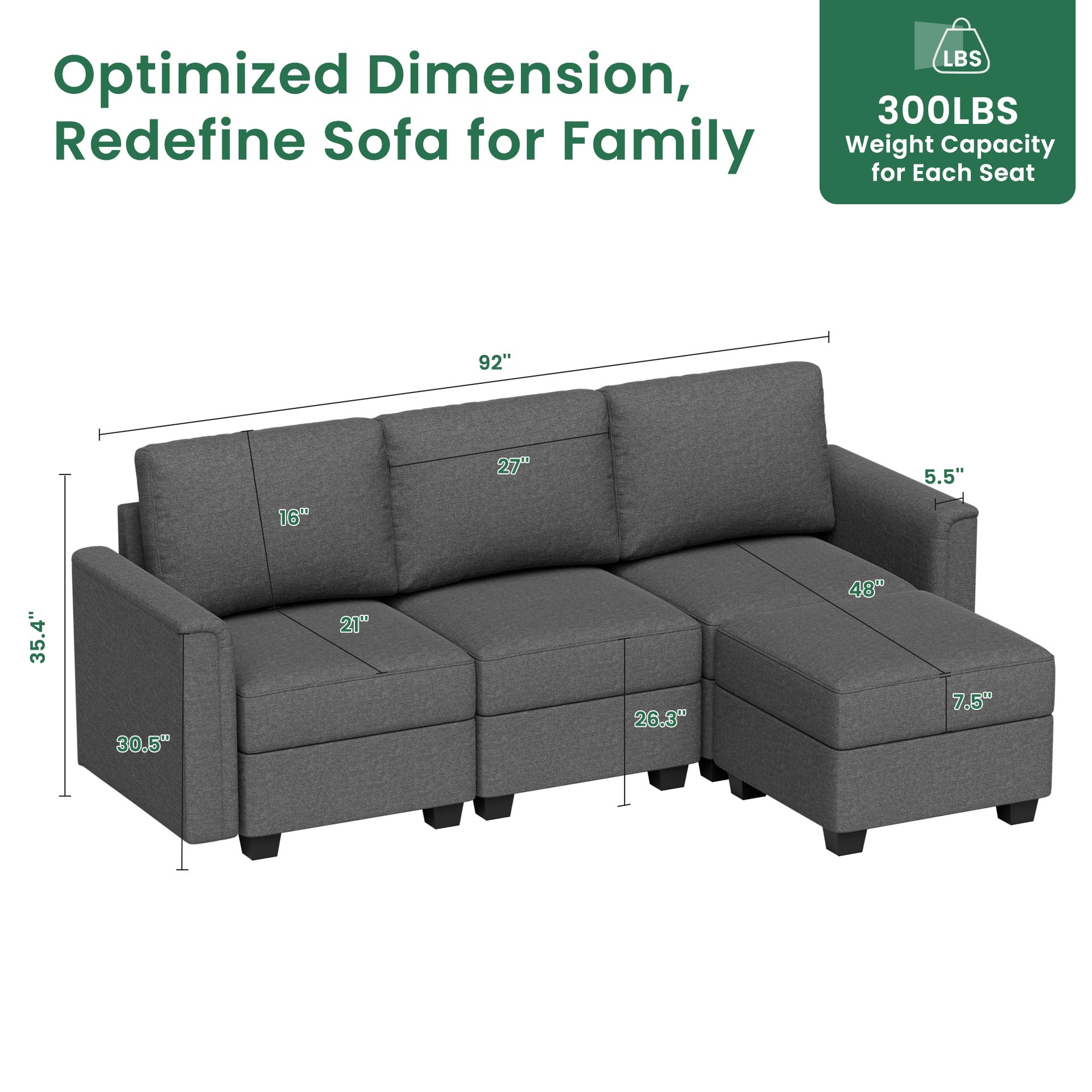 Modular 3-Seater Sectional Sofa, Convertible L Shaped Sofa Couch with Chaise and Storage, Comfy Modular Sofa Couch for Bedroom, Living Room, Office, Modern L Shaped Sectional Sofa