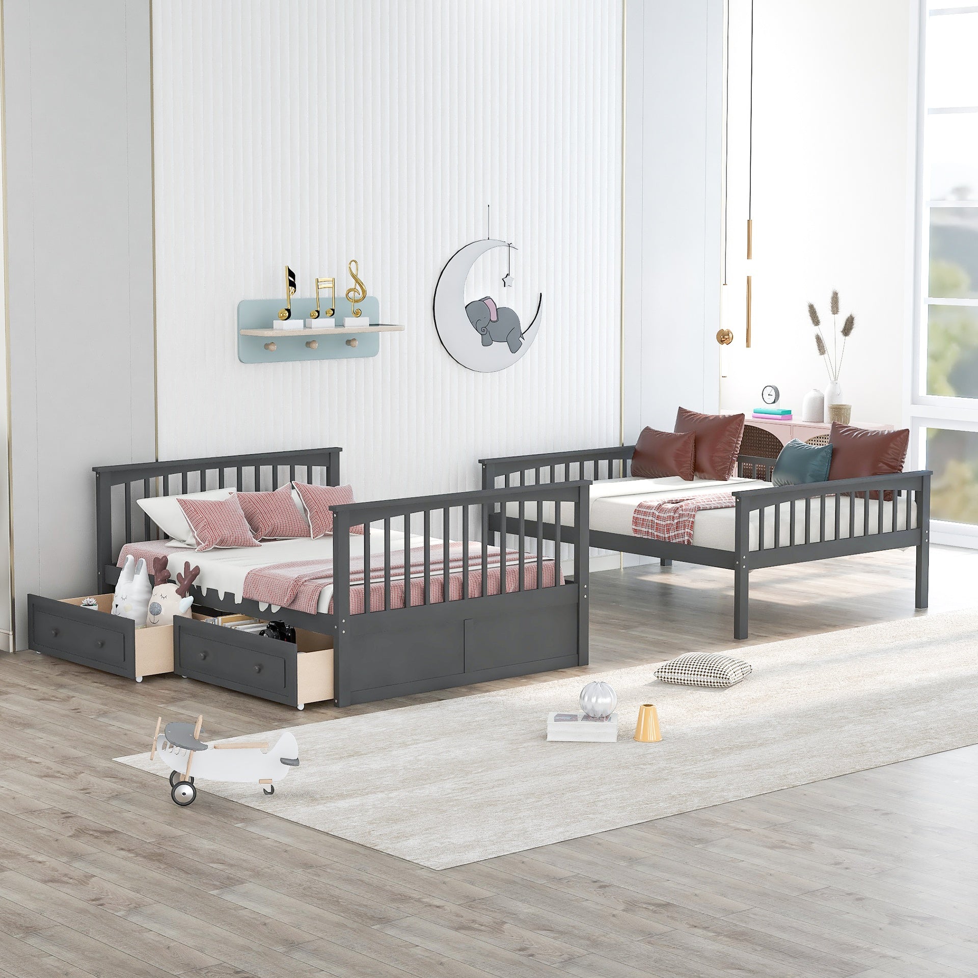 Full over Full Bunk Bed with Drawers, Convertible Beds, Gray(OLD SKU:SM000241AAE-1)