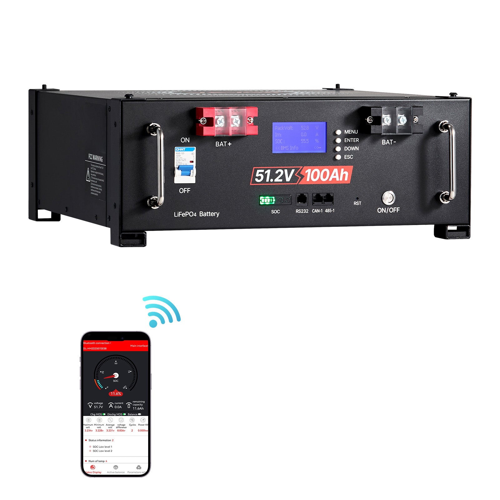 48V 100Ah LiFePO4 Lithium Battery, Built-in 100A BMS, 51.2V Server Rack LiFePO4 Battery with Bluetooth, 5.12kWh Capacity, Max 6000 Cycles, LCD Display, for Off-Grid, Solar System, Backup Power