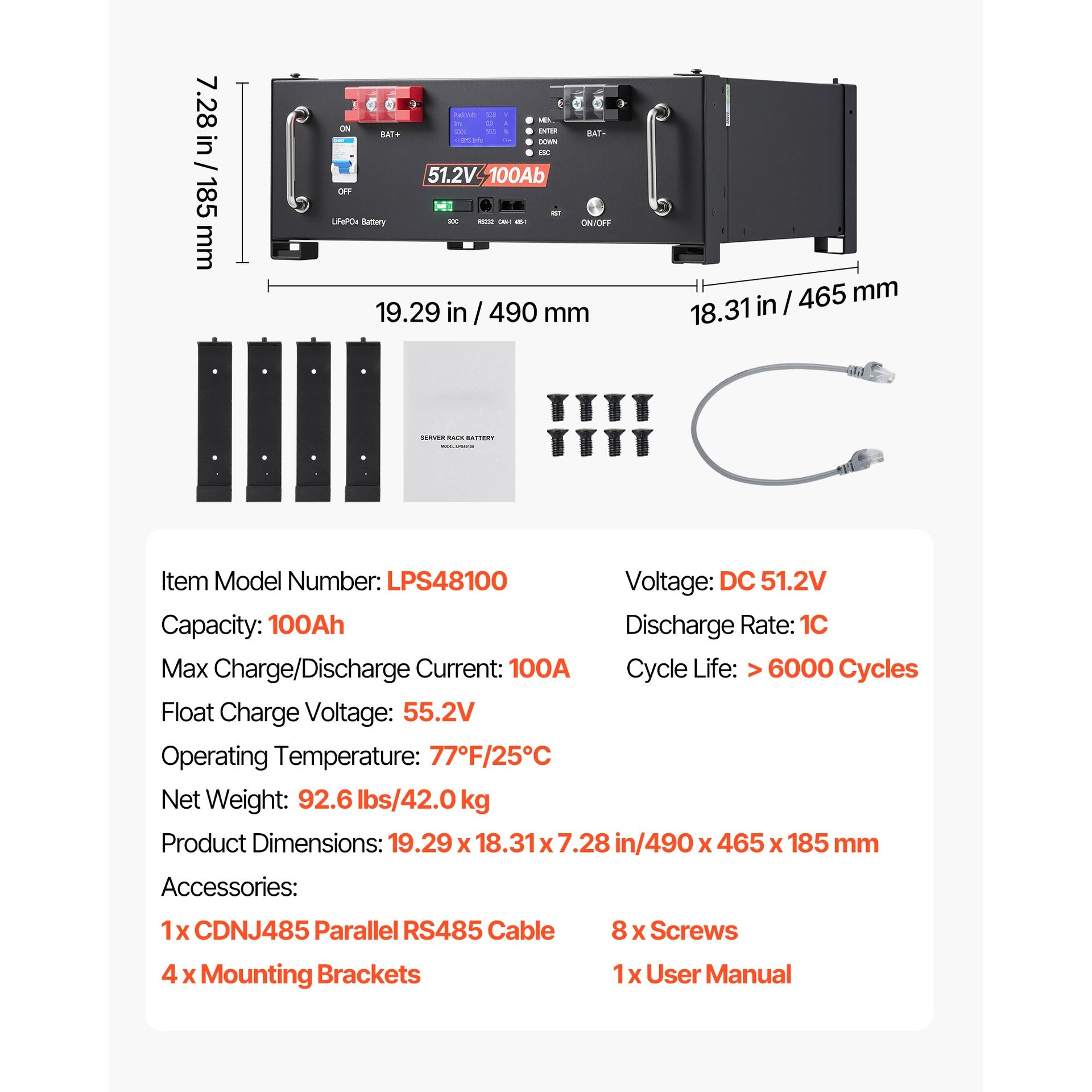 48V 100Ah LiFePO4 Lithium Battery, Built-in 100A BMS, 51.2V Server Rack LiFePO4 Battery with Bluetooth, 5.12kWh Capacity, Max 6000 Cycles, LCD Display, for Off-Grid, Solar System, Backup Power