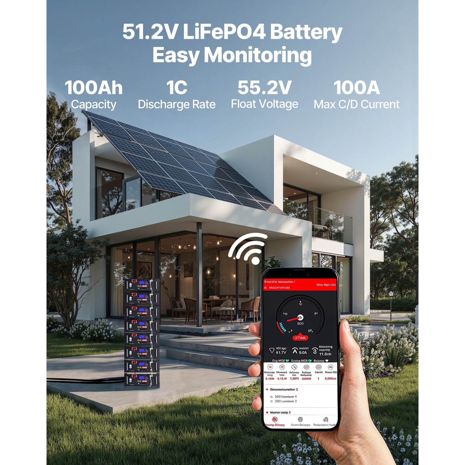 48V 100Ah LiFePO4 Lithium Battery, Built-in 100A BMS, 51.2V Server Rack LiFePO4 Battery with Bluetooth, 5.12kWh Capacity, Max 6000 Cycles, LCD Display, for Off-Grid, Solar System, Backup Power