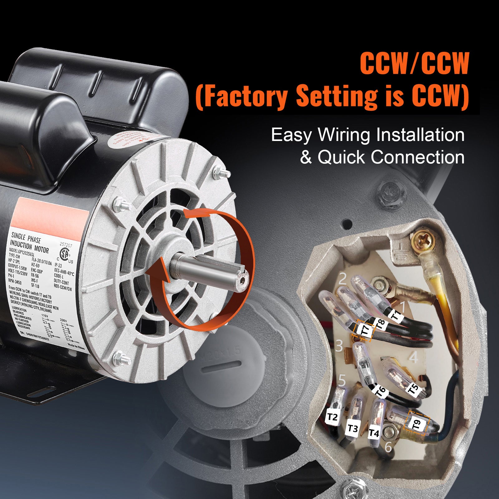 2HP SPL Air Compressor Motor 115/230V 20/10A 3450RPM 56 Frame CW/CCW Rotation (Factory Setting is CCW)