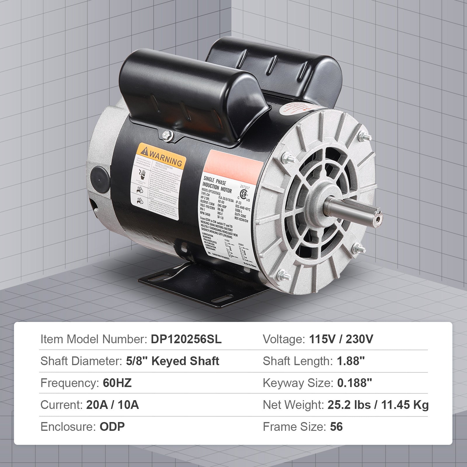 2HP SPL Air Compressor Motor 115/230V 20/10A 3450RPM 56 Frame CW/CCW Rotation (Factory Setting is CCW)
