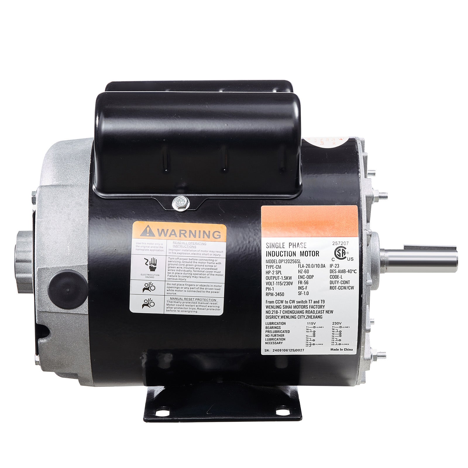 2HP SPL Air Compressor Motor 115/230V 20/10A 3450RPM 56 Frame CW/CCW Rotation (Factory Setting is CCW)