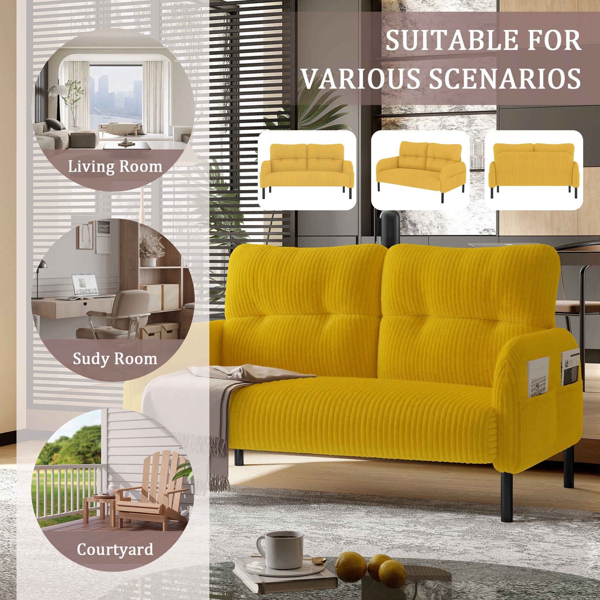 UNITED WE WIN corduroy fabric, comfortable monochrome double sofa, suitable for living rooms and bedrooms