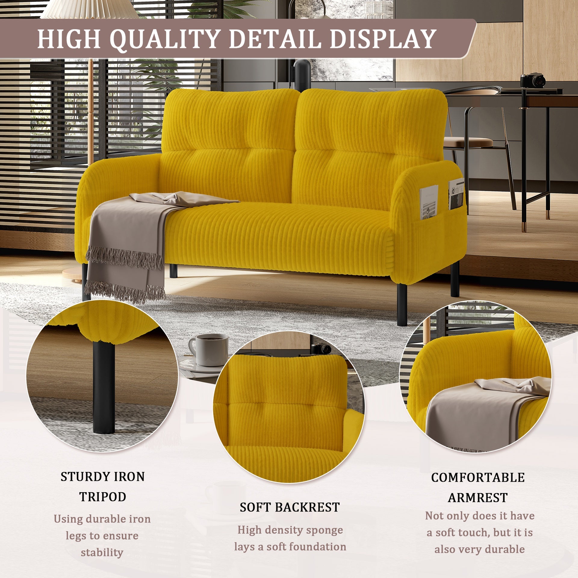 UNITED WE WIN corduroy fabric, comfortable monochrome double sofa, suitable for living rooms and bedrooms