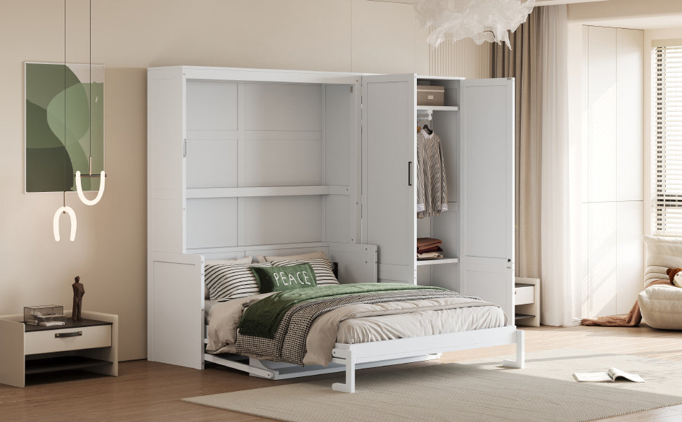 Queen Size Murphy Bed Wall Bed with Closet,White(OLD SKU:LP000581AAK)