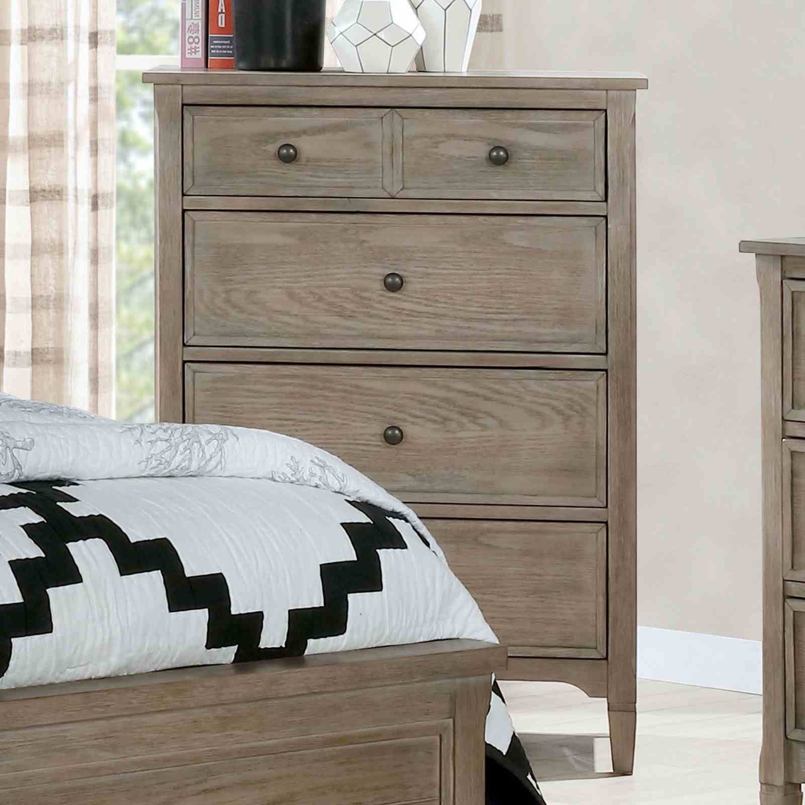 Wire-Brushed Warm Gray 1pc Chest Of Drawers Round Pull Knobs Wood Grain Texture Bedroom Furniture