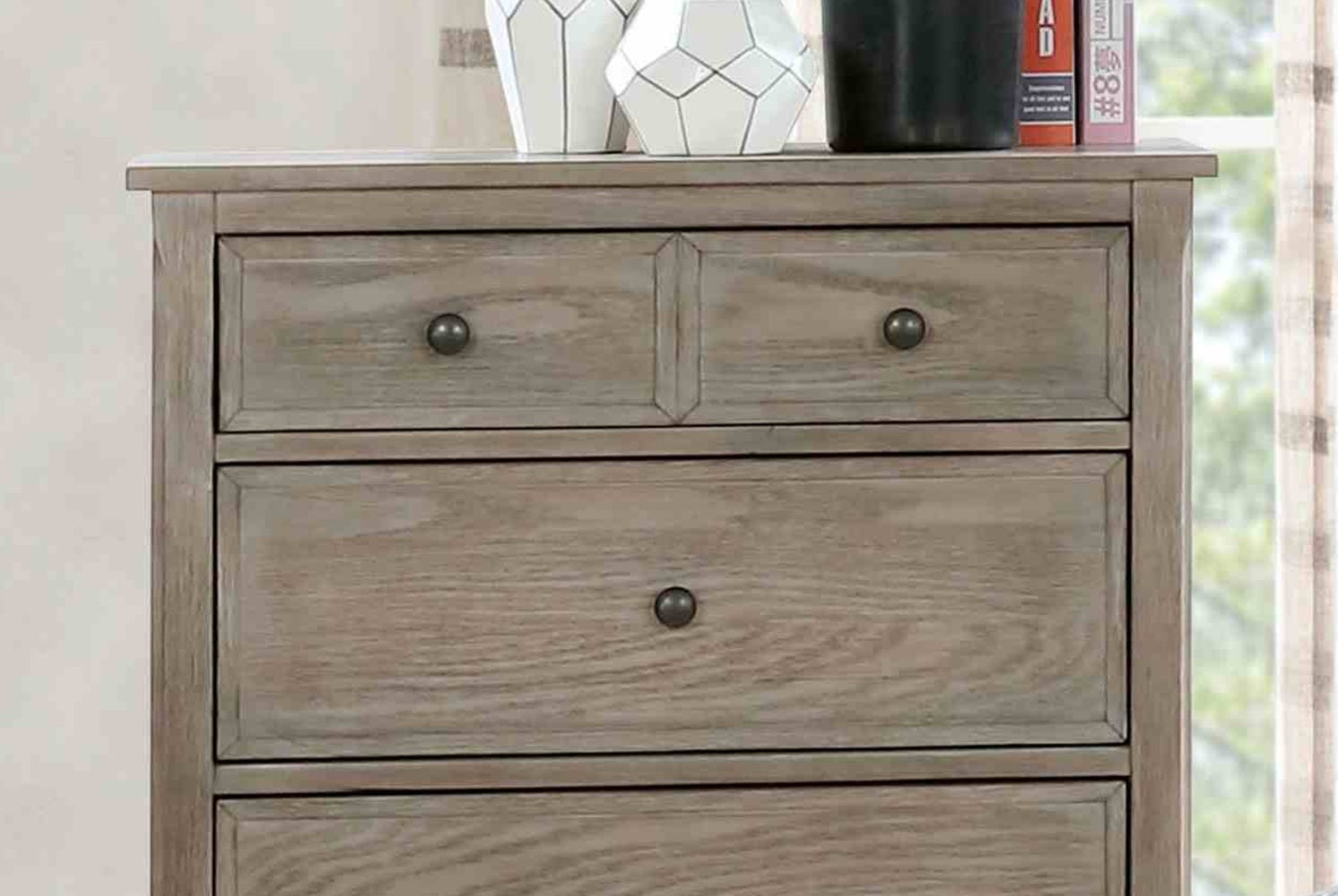 Wire-Brushed Warm Gray 1pc Chest Of Drawers Round Pull Knobs Wood Grain Texture Bedroom Furniture