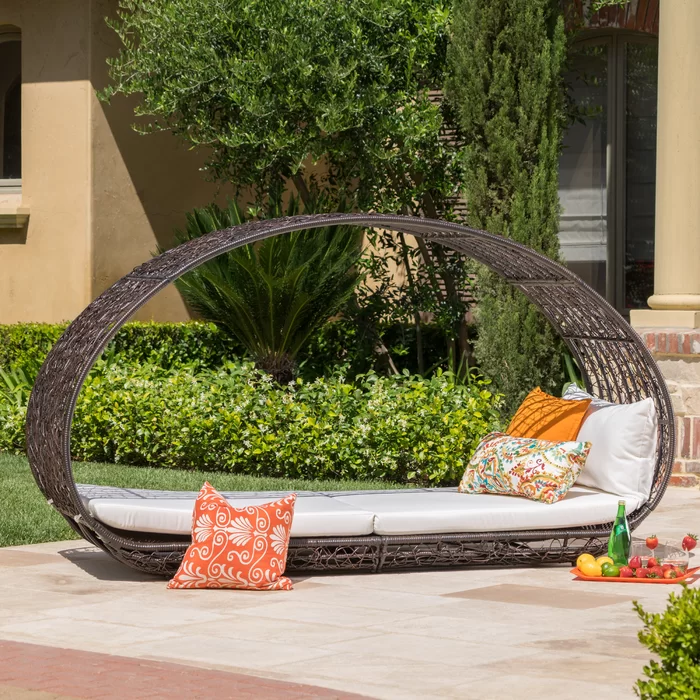 Lavina 91.25'' Wicker Outdoor Patio Canopy Daybed Water Resistant Cushion (Multibrown/White)