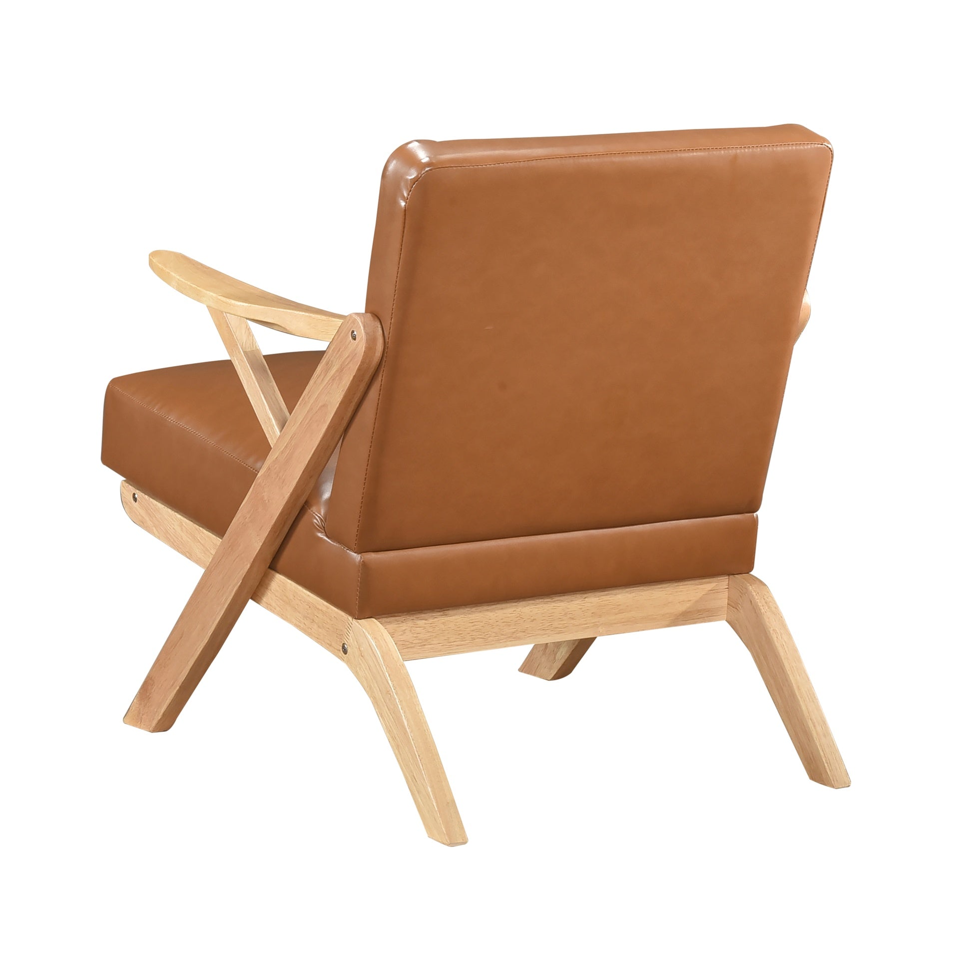 Natural Finish Solid Rubberwood Frame 1pc Accent Chair Brown Faux Leather Upholstery Living Room Furniture