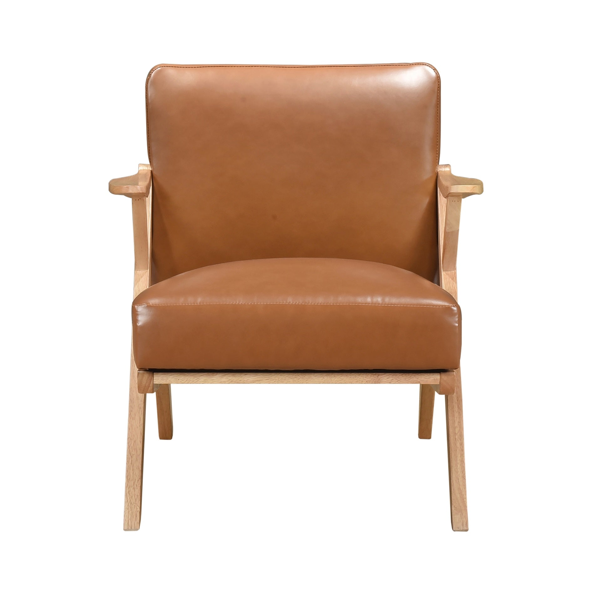 Natural Finish Solid Rubberwood Frame 1pc Accent Chair Brown Faux Leather Upholstery Living Room Furniture